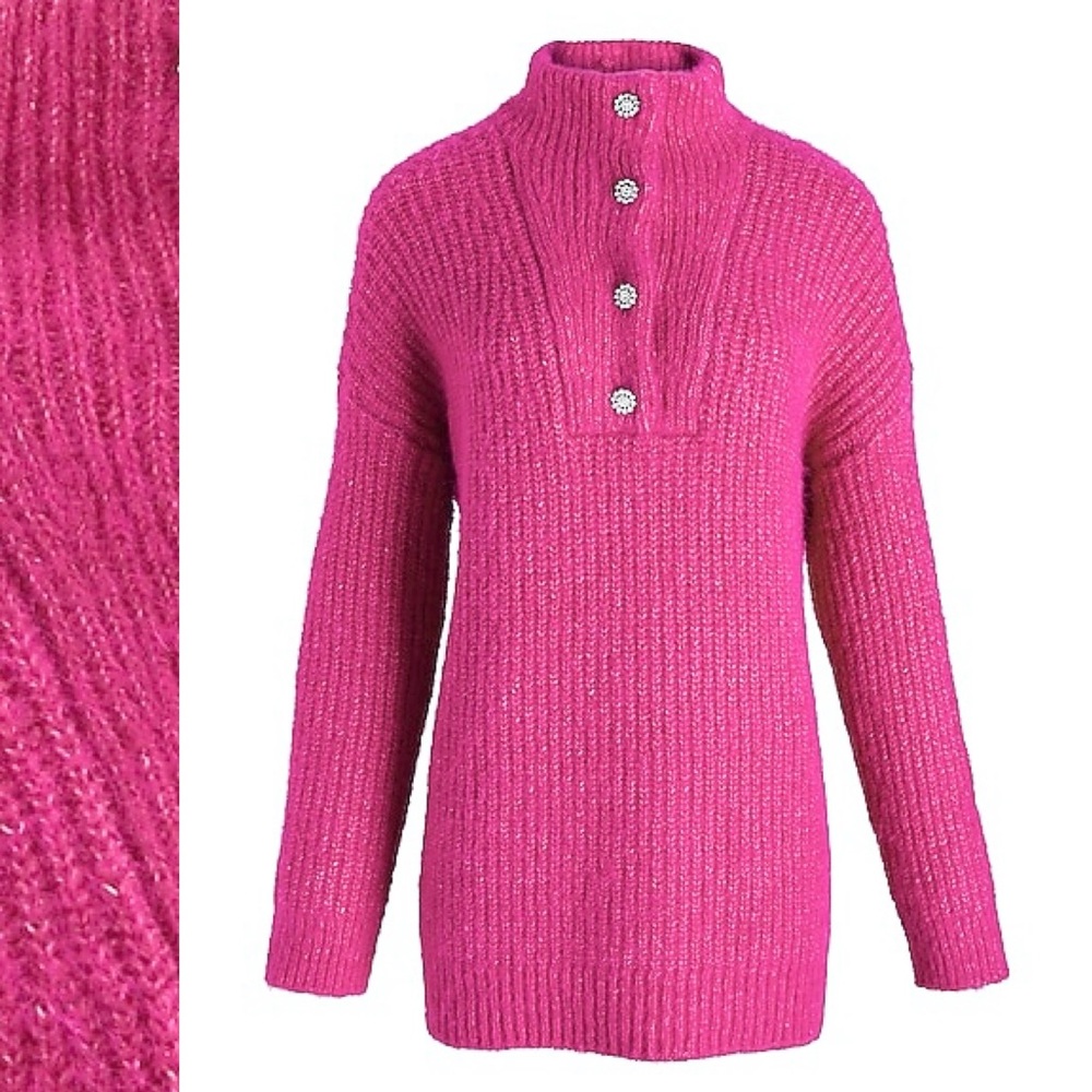 Express Fuzzy Knit Quarter Snap Sweater Embellished Buttons Mock Neck - Picture 3 of 13